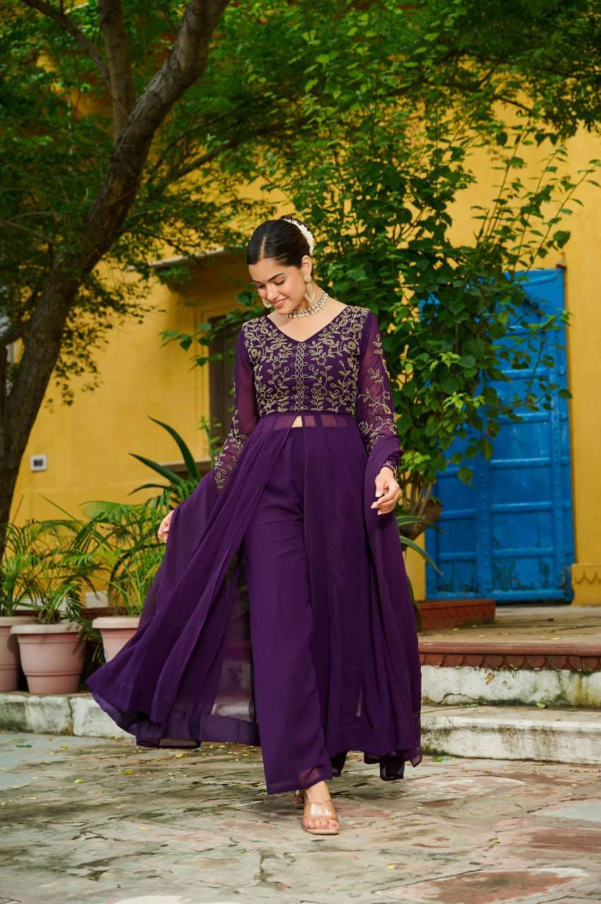 Royal Wine Embroidered Suit Set â€“ Fancy V Neck Top, Faux Blooming Bottom & Dupatta | Party Ready Outfit
