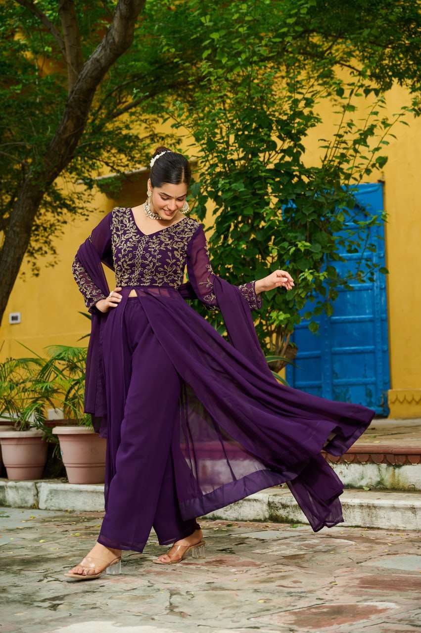 Royal Wine Embroidered Suit Set â€“ Fancy V Neck Top, Faux Blooming Bottom & Dupatta | Party Ready Outfit