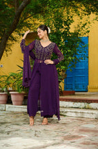 Royal Wine Embroidered Suit Set â€“ Fancy V Neck Top, Faux Blooming Bottom & Dupatta | Party Ready Outfit
