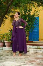 Royal Wine Embroidered Suit Set â€“ Fancy V Neck Top, Faux Blooming Bottom & Dupatta | Party Ready Outfit