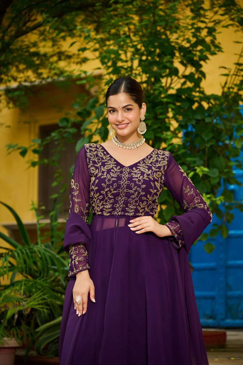 Royal Wine Embroidered Suit Set â€“ Fancy V Neck Top, Faux Blooming Bottom & Dupatta | Party Ready Outfit