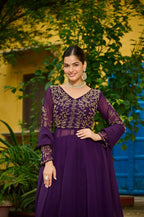 Royal Wine Embroidered Suit Set â€“ Fancy V Neck Top, Faux Blooming Bottom & Dupatta | Party Ready Outfit