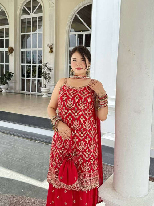 Classic Red Premium Plazzo Set â€“ Embroidered Faux Georgette with Sequence Detailing