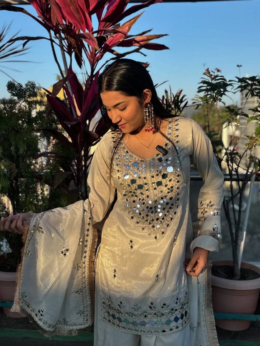 Eid Special Off-White Georgette Mirror Work Palazzo Set
