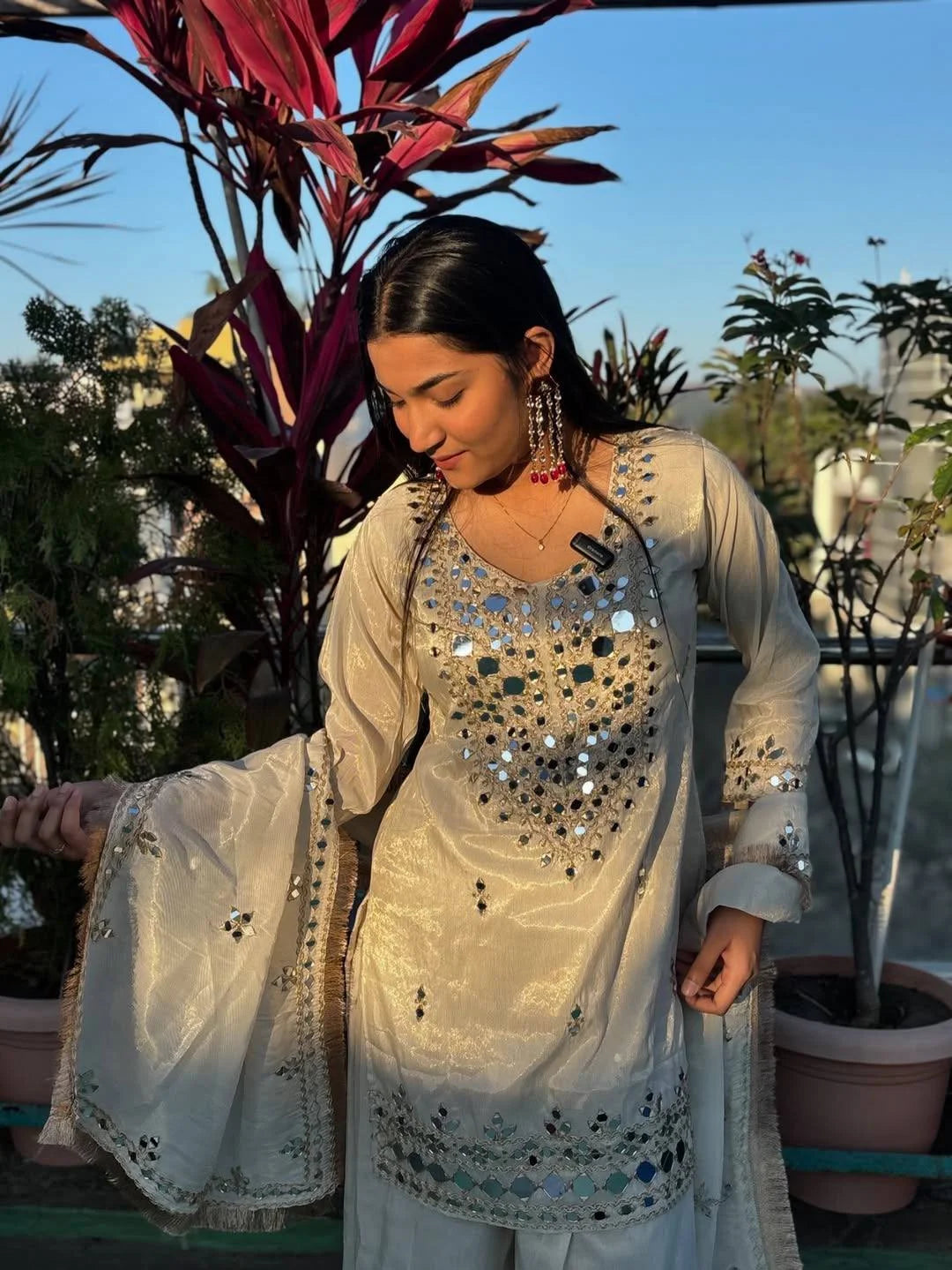 Eid Special Off-White Georgette Mirror Work Palazzo Set
