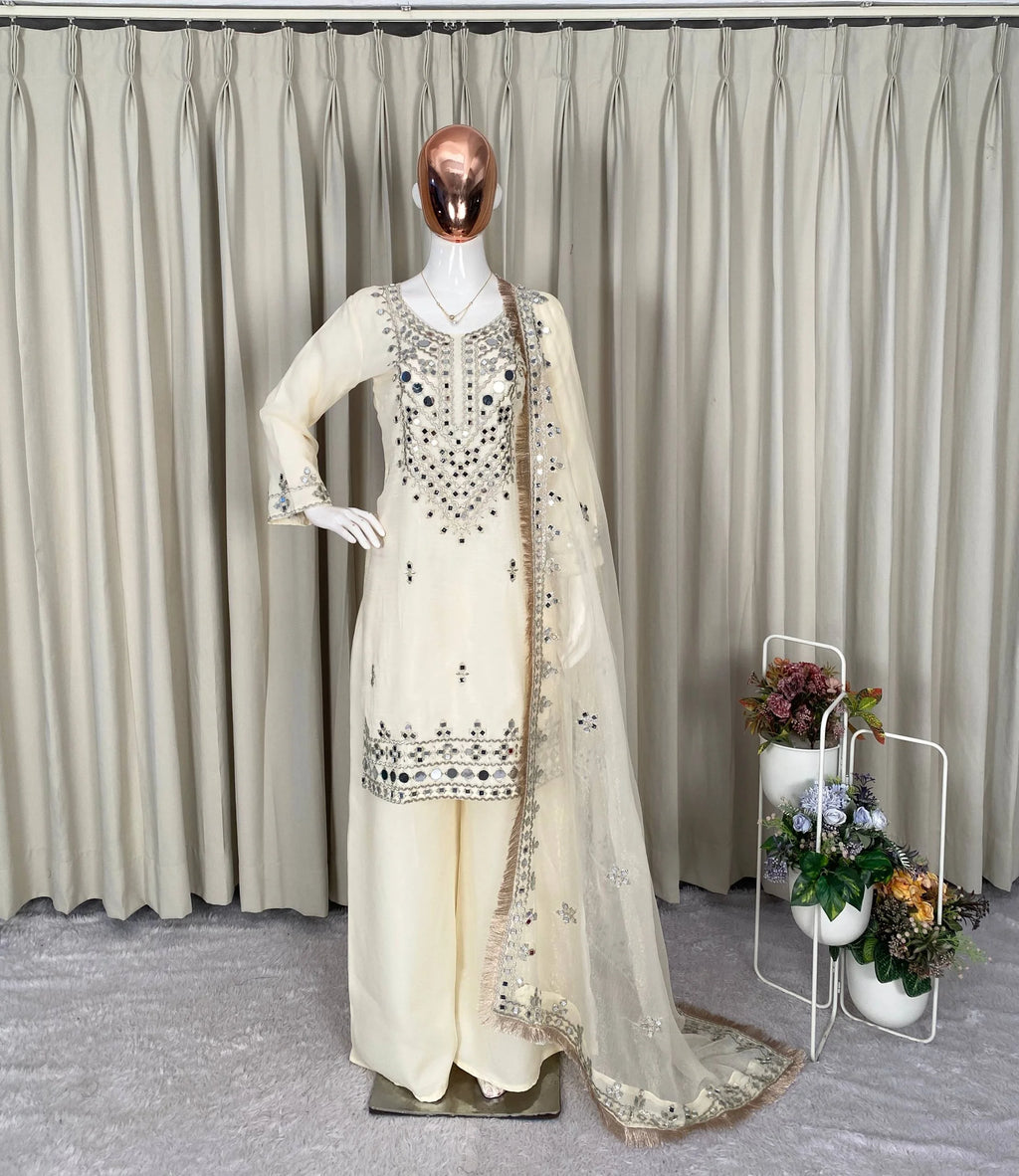 Eid Special Off-White Georgette Mirror Work Palazzo Set