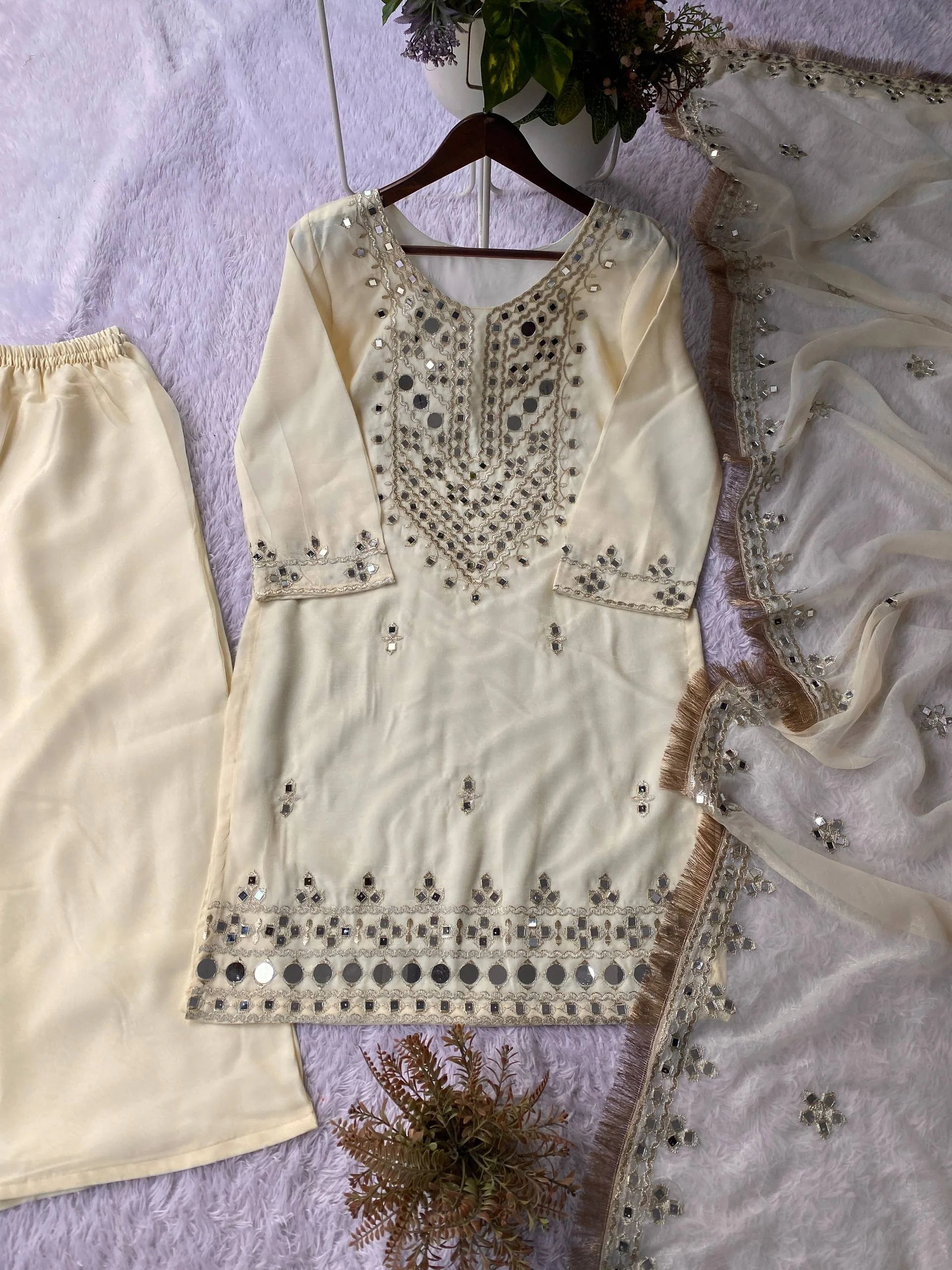 Eid Special Off-White Georgette Mirror Work Palazzo Set
