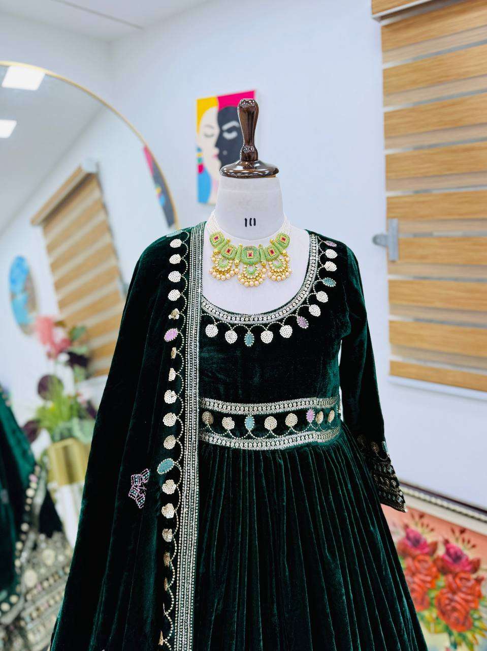 Elegant Green Velvet Gown for Women â€“ Party & Wedding Wear