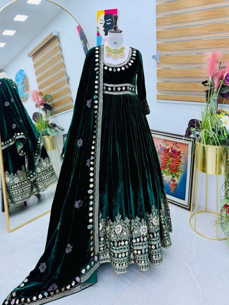 Elegant Green Velvet Gown for Women â€“ Party & Wedding Wear