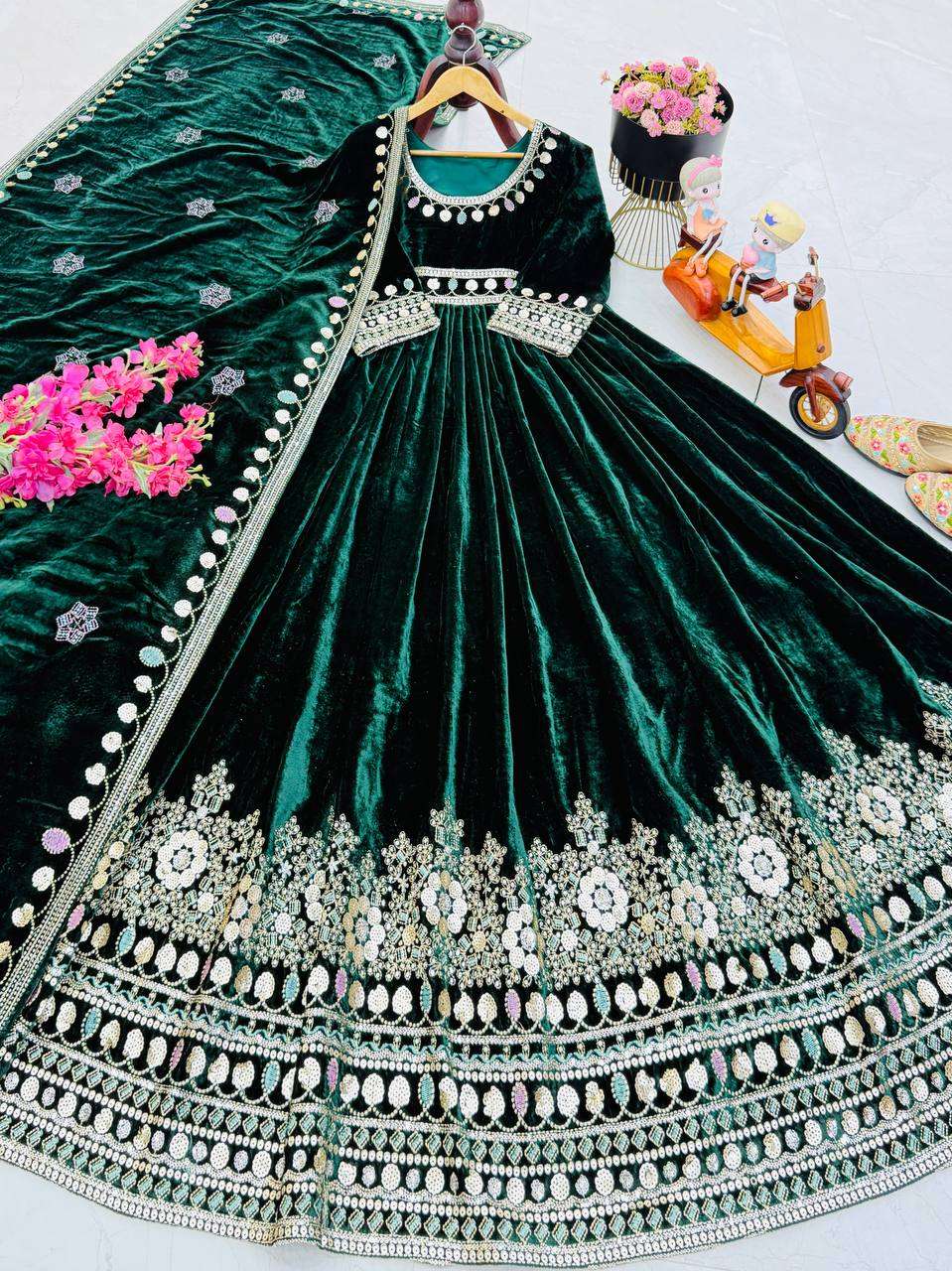 Elegant Green Velvet Gown for Women â€“ Party & Wedding Wear
