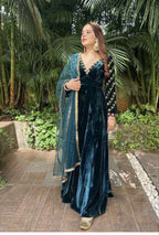 Designer Blue Velvet Gown for Women â€“ 4 Mtr Flair, Round Neck & Embroidered Dupatta | Party & Wedding Wear