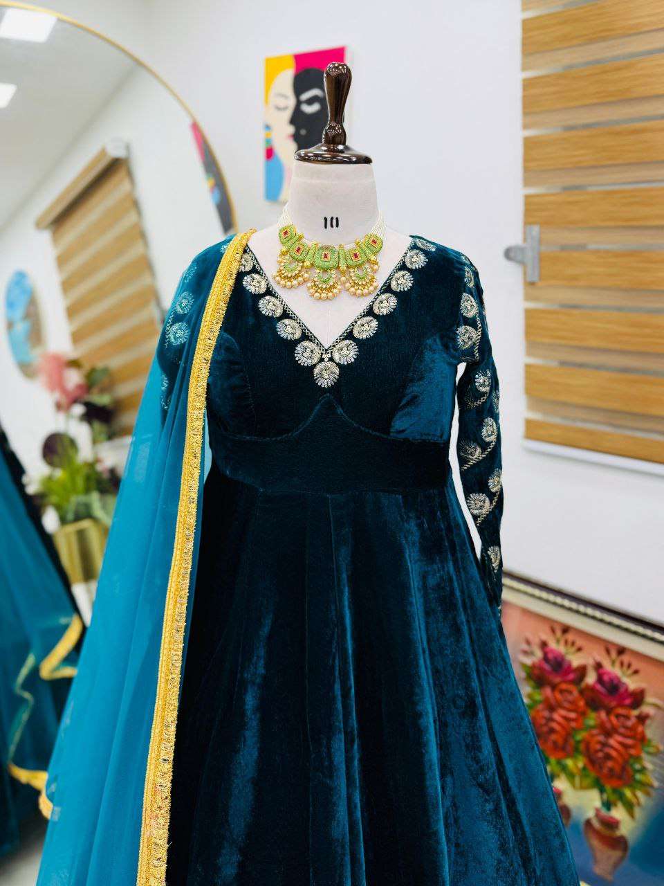 Designer Blue Velvet Gown for Women â€“ 4 Mtr Flair, Round Neck & Embroidered Dupatta | Party & Wedding Wear