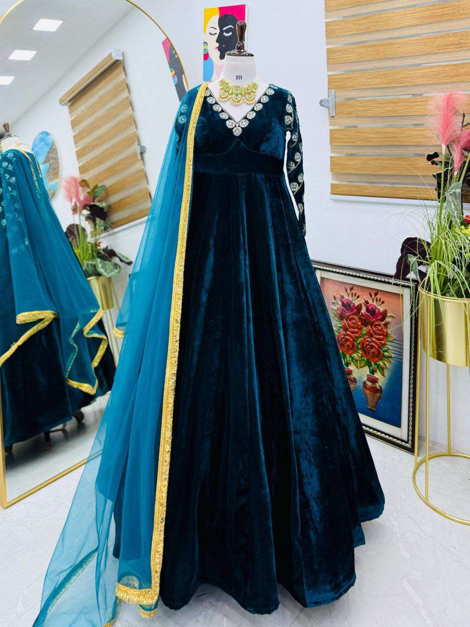 Designer Blue Velvet Gown for Women â€“ 4 Mtr Flair, Round Neck & Embr –  Kalodoro