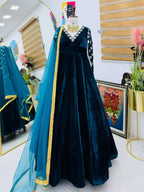 Designer Blue Velvet Gown for Women â€“ 4 Mtr Flair, Round Neck & Embroidered Dupatta | Party & Wedding Wear