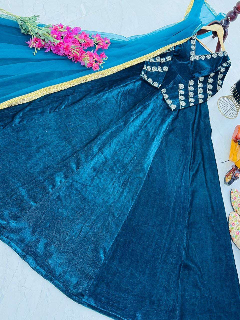 Designer Blue Velvet Gown for Women â€“ 4 Mtr Flair, Round Neck & Embroidered Dupatta | Party & Wedding Wear