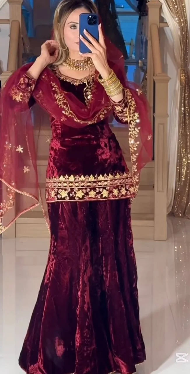 Pure Velvet Sharara Palazzo Set with Sequence Work