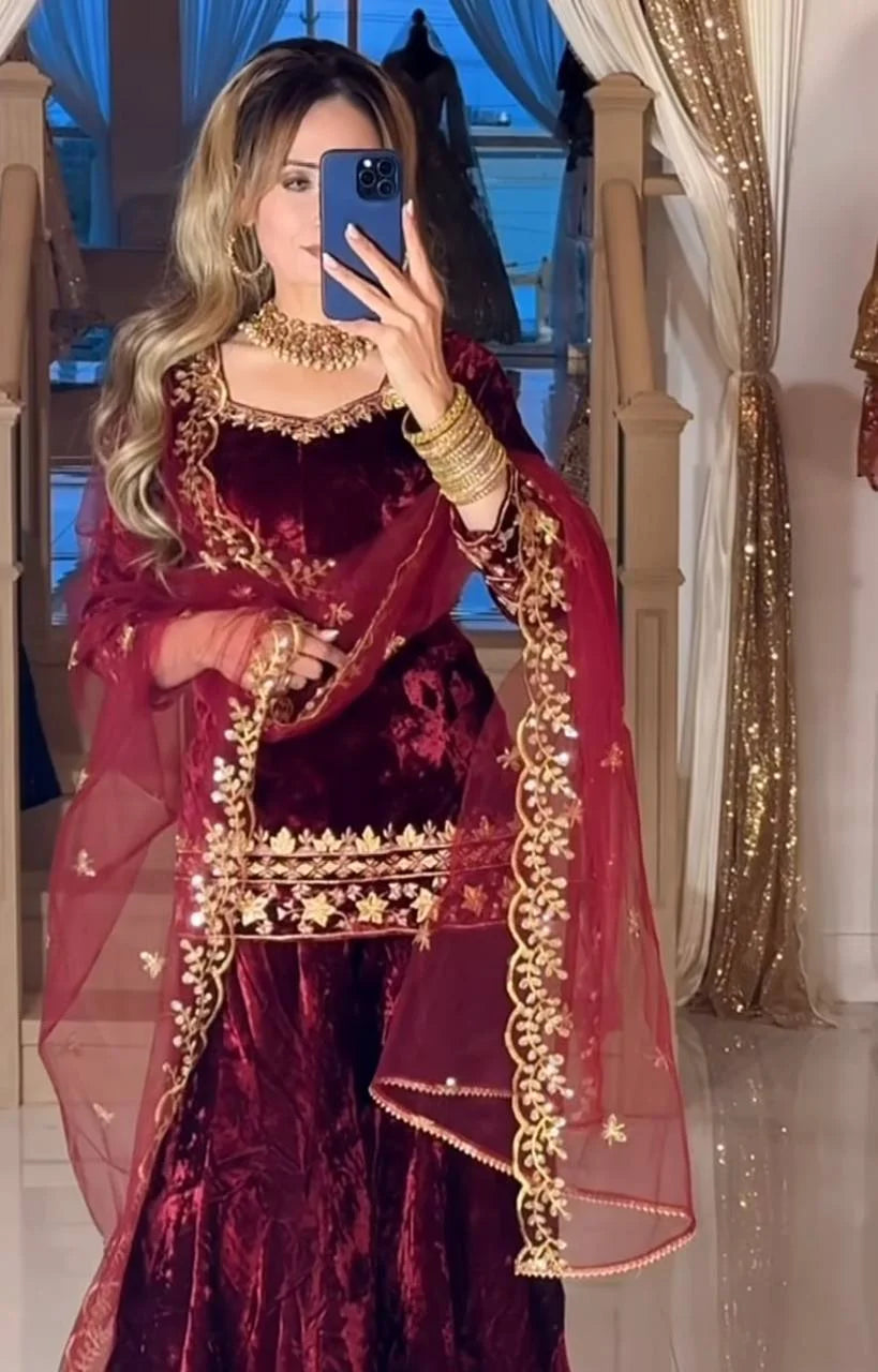 Pure Velvet Sharara Palazzo Set with Sequence Work