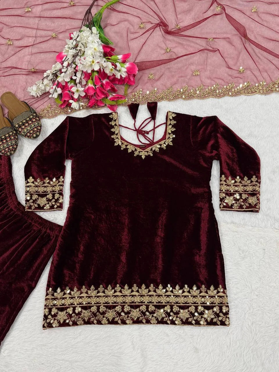 Pure Velvet Sharara Palazzo Set with Sequence Work