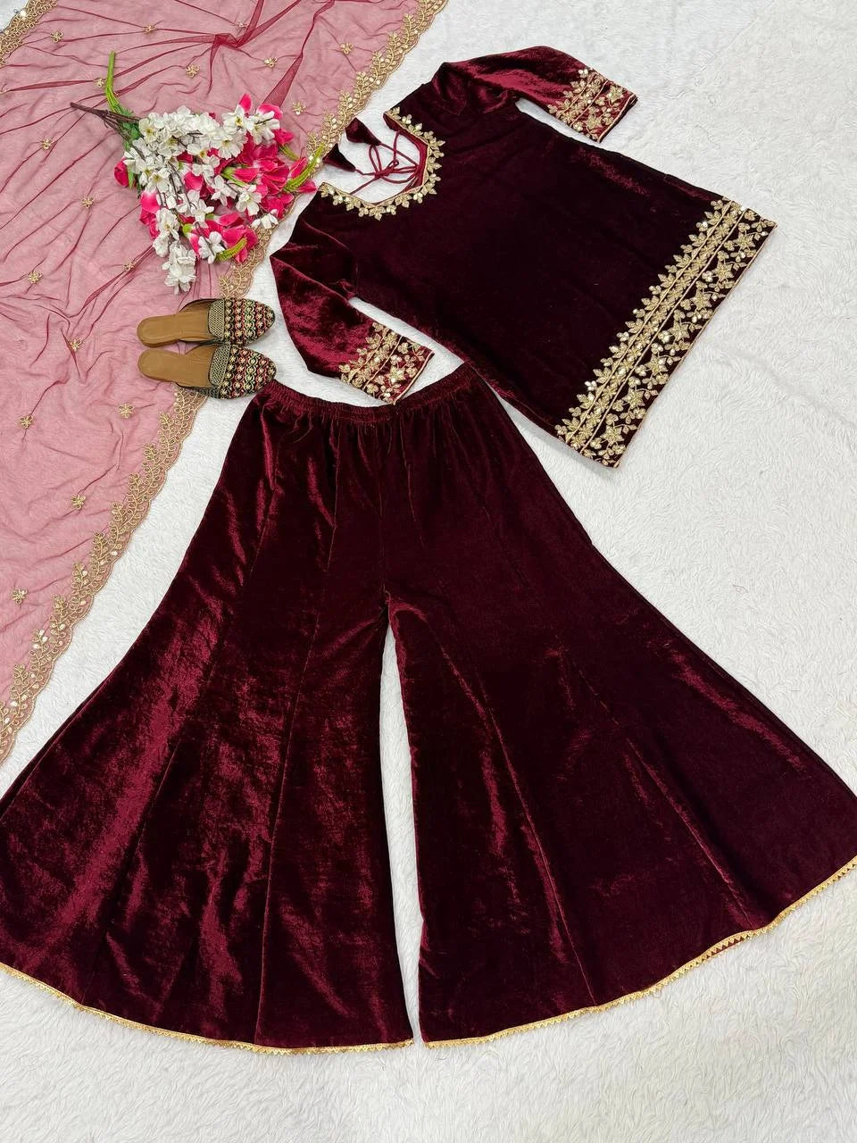 Pure Velvet Sharara Palazzo Set with Sequence Work