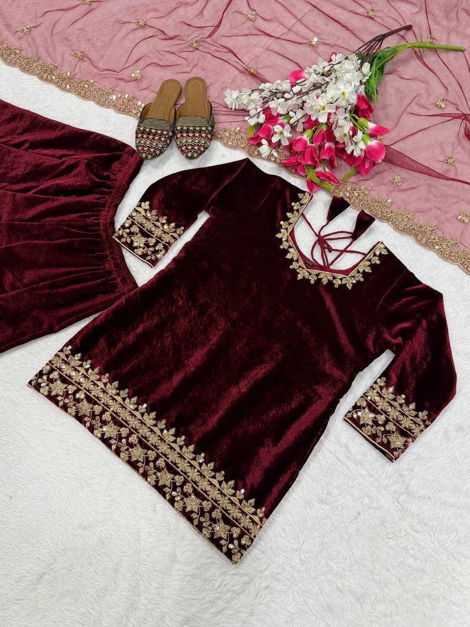 Pure Velvet Sharara Palazzo Set with Sequence Work