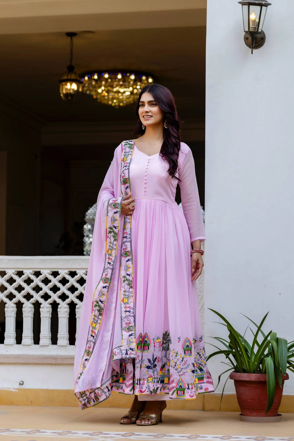 Premium Embroidered Gown with Pearl Moti Dupatta