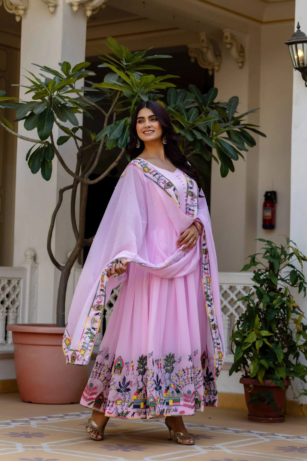 Premium Embroidered Gown with Pearl Moti Dupatta