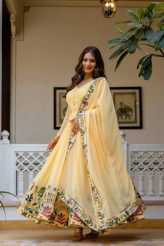 Premium Embroidered Gown with Pearl Moti Dupatta