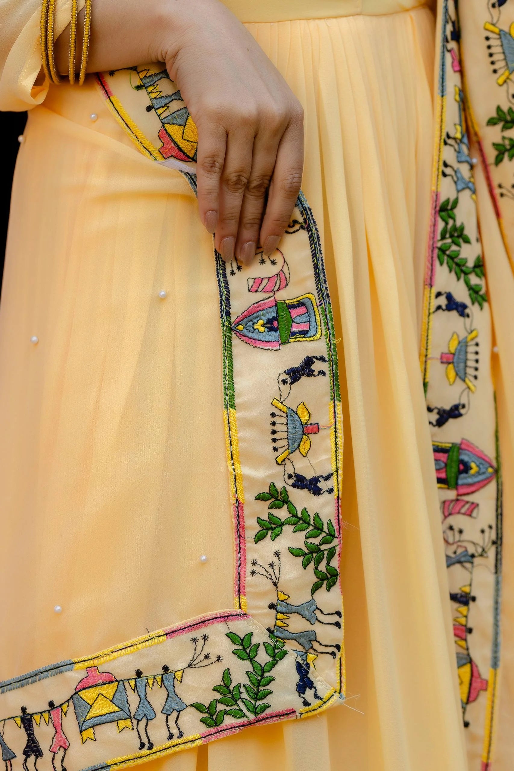 Premium Embroidered Gown with Pearl Moti Dupatta