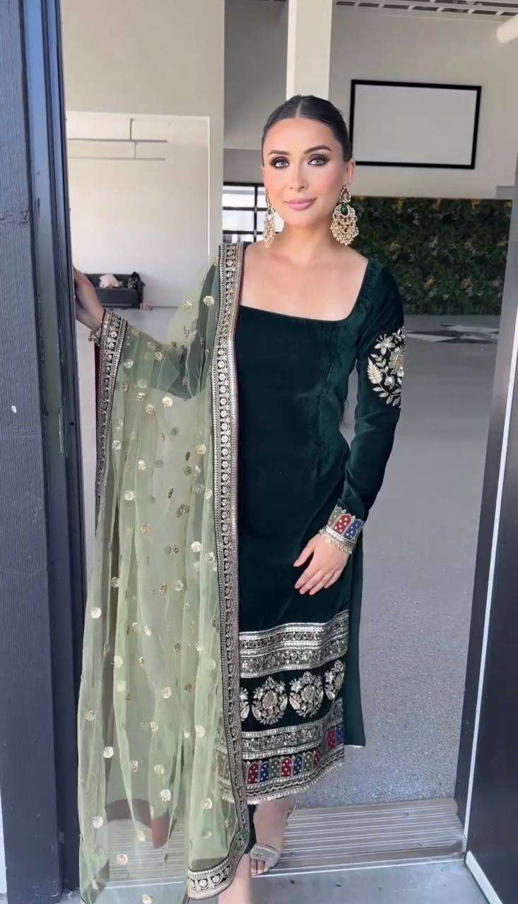Designer Look Velvet Sharara Plazzo Set with Embroidery Sequence Work