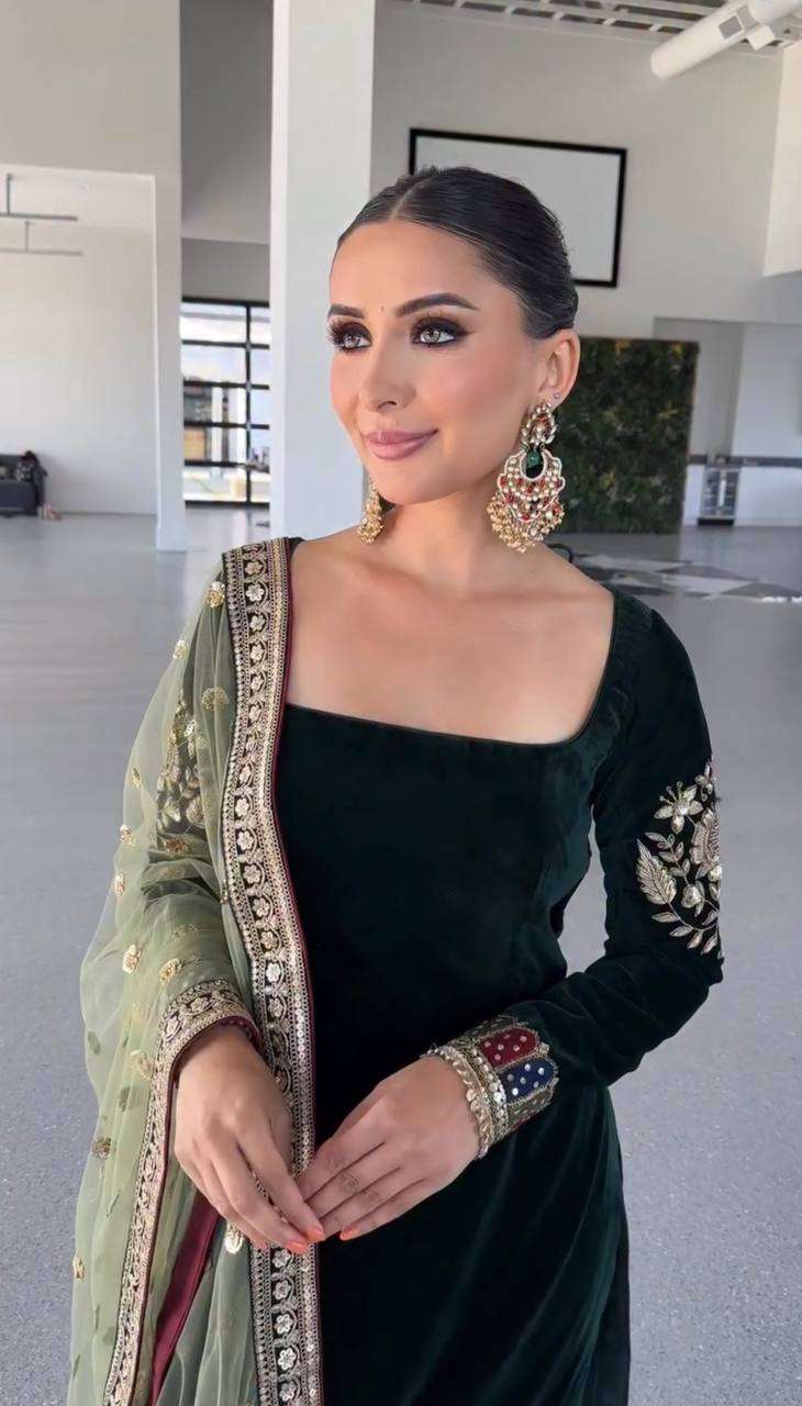Designer Look Velvet Sharara Plazzo Set with Embroidery Sequence Work