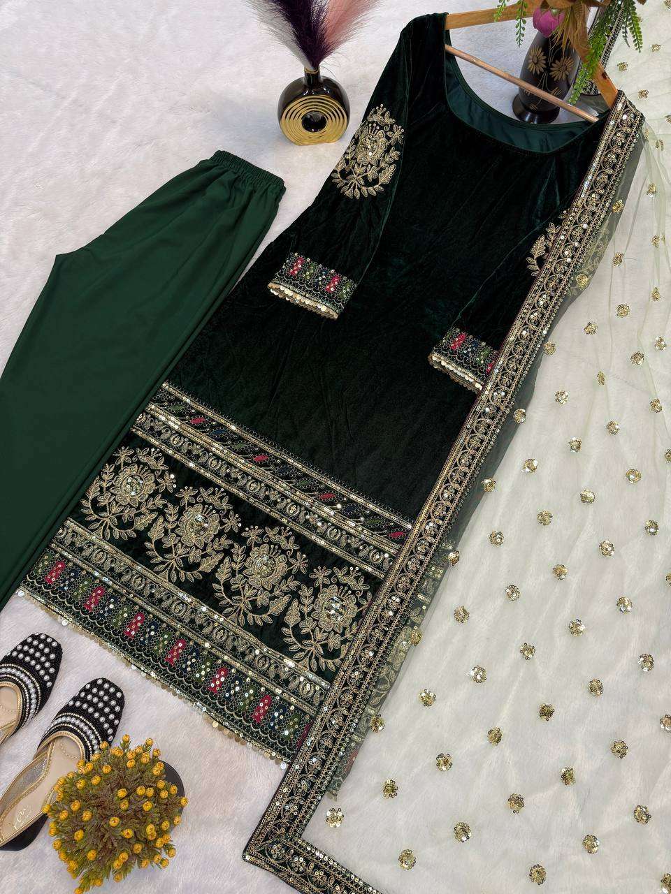 Designer Look Velvet Sharara Plazzo Set with Embroidery Sequence Work