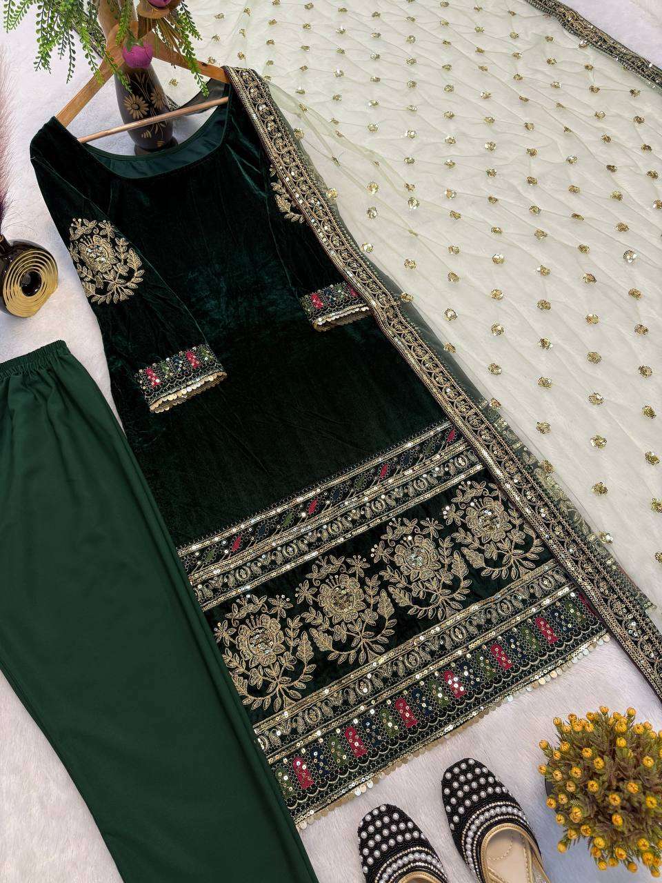 Designer Look Velvet Sharara Plazzo Set with Embroidery Sequence Work
