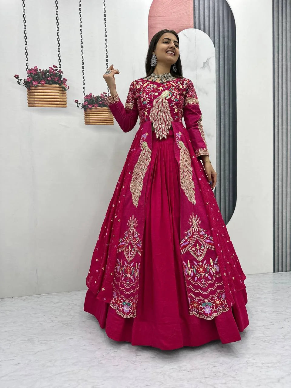 Elegant Pure Vichitra Lehenga Set with Red Fully Stitched Embroidered Top