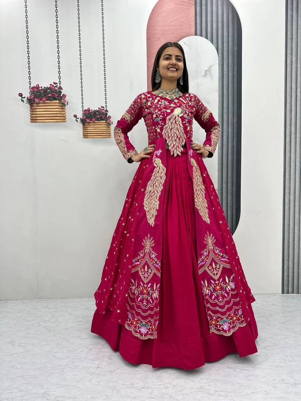 Elegant Pure Vichitra Lehenga Set with Red Fully Stitched Embroidered Top