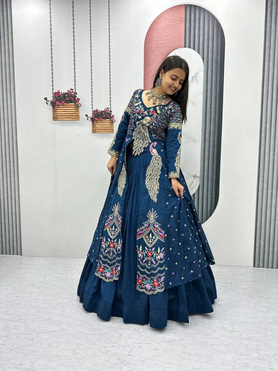 Designer Blue Vichitra Lehenga Set with Thread & Sequence Work