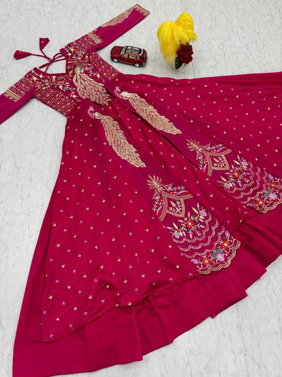 Elegant Pure Vichitra Lehenga Set with Red Fully Stitched Embroidered Top