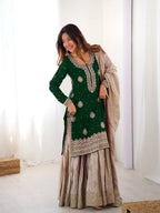 Graceful Green Chinon Silk Eid Sharara Set with Pearl Detailing