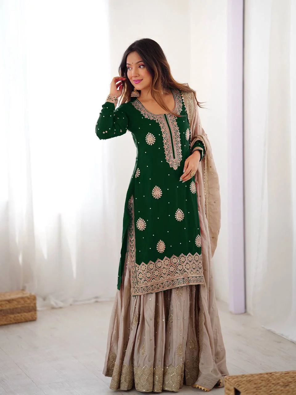 Graceful Green Chinon Silk Eid Sharara Set with Pearl Detailing