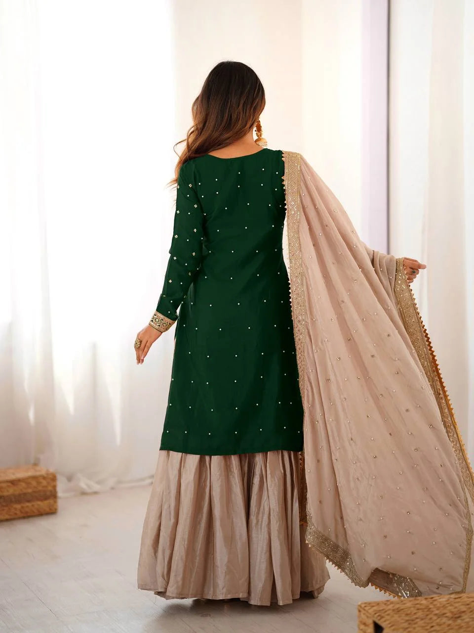 Graceful Green Chinon Silk Eid Sharara Set with Pearl Detailing
