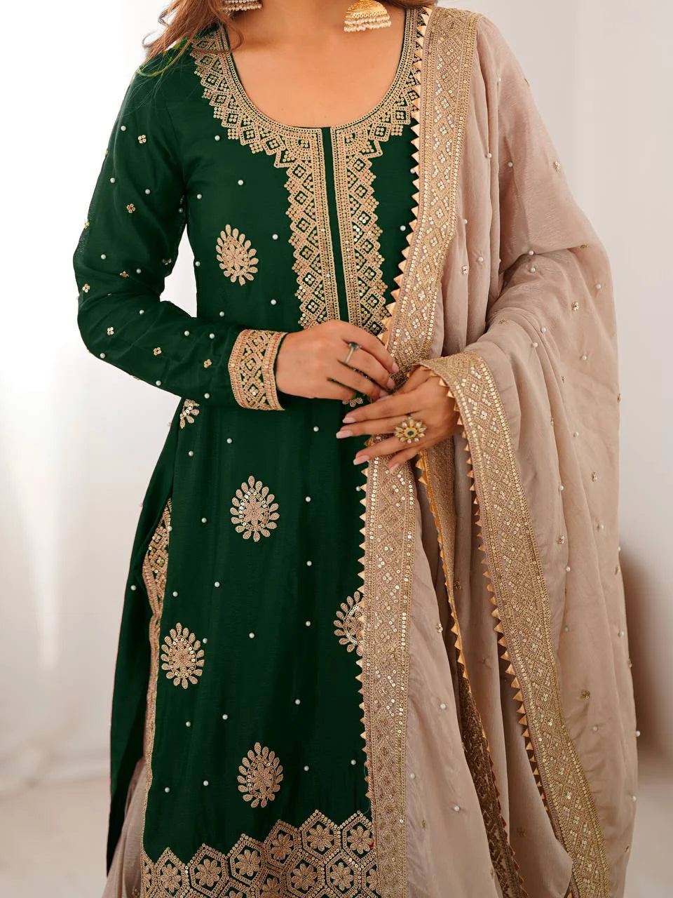 Graceful Green Chinon Silk Eid Sharara Set with Pearl Detailing