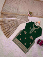 Graceful Green Chinon Silk Eid Sharara Set with Pearl Detailing