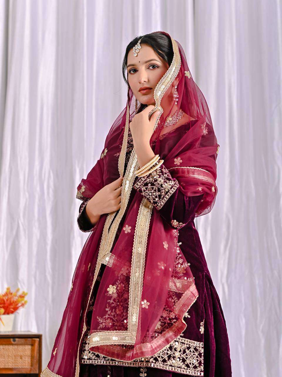 Designer Heavy Velvet Sharara Plazzo Set with Embroidery Sequence Work