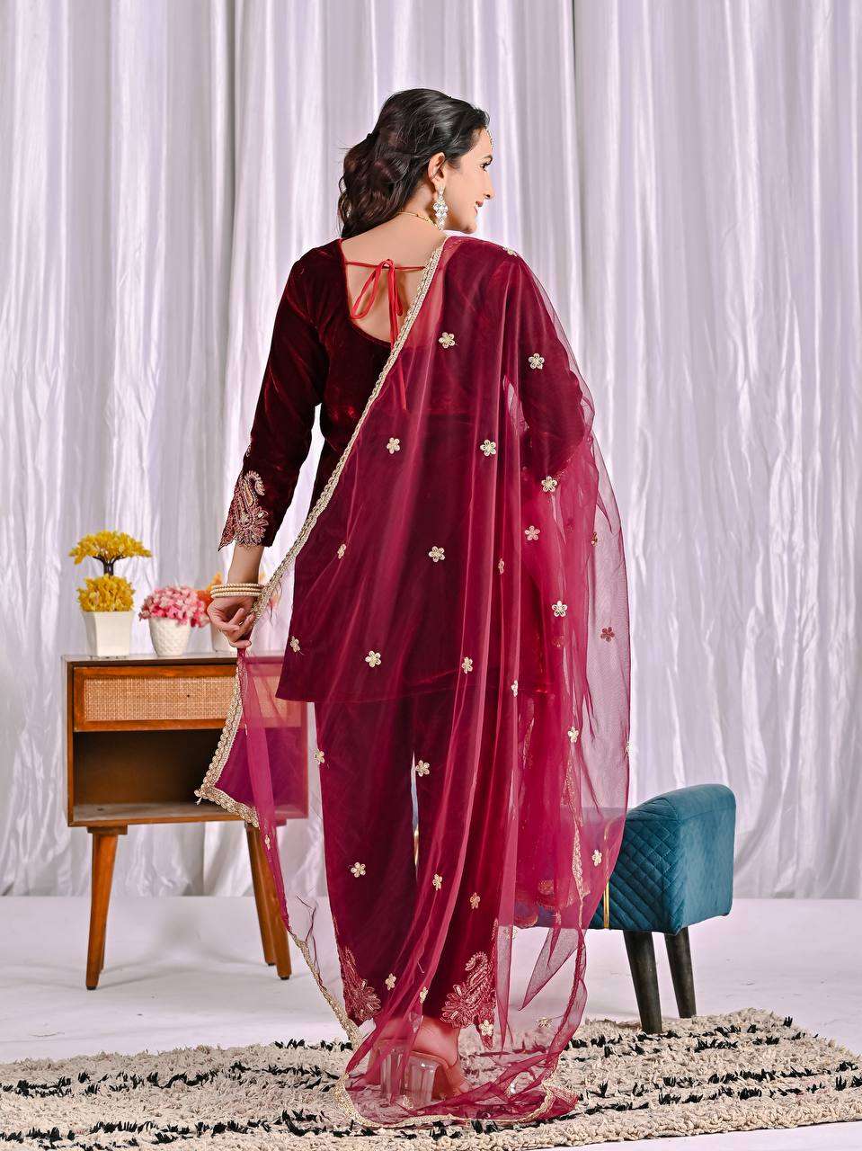 Designer Heavy Velvet Sharara Plazzo Set with Embroidery Sequence Work
