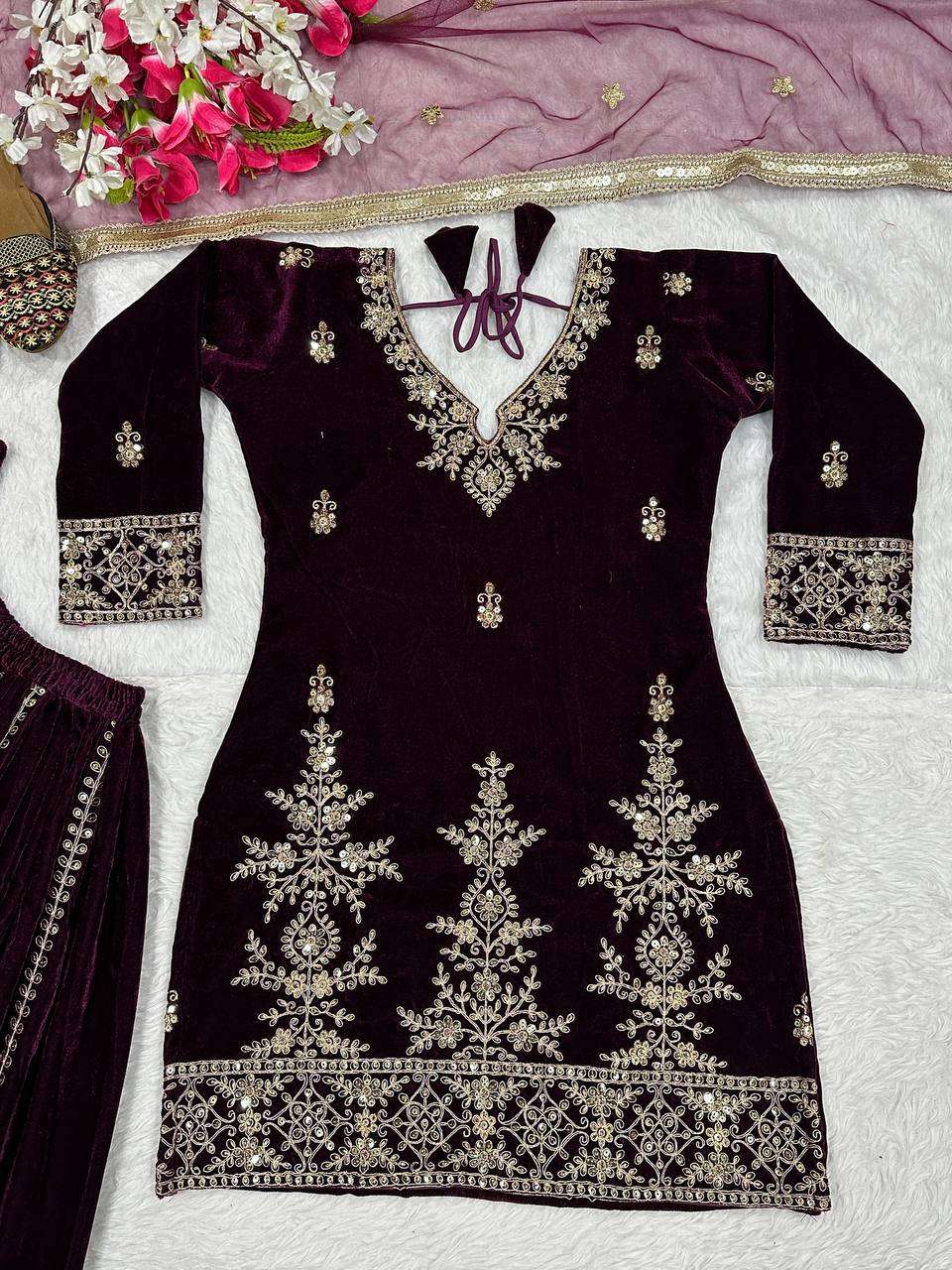 Designer Heavy Velvet Sharara Plazzo Set with Embroidery Sequence Work