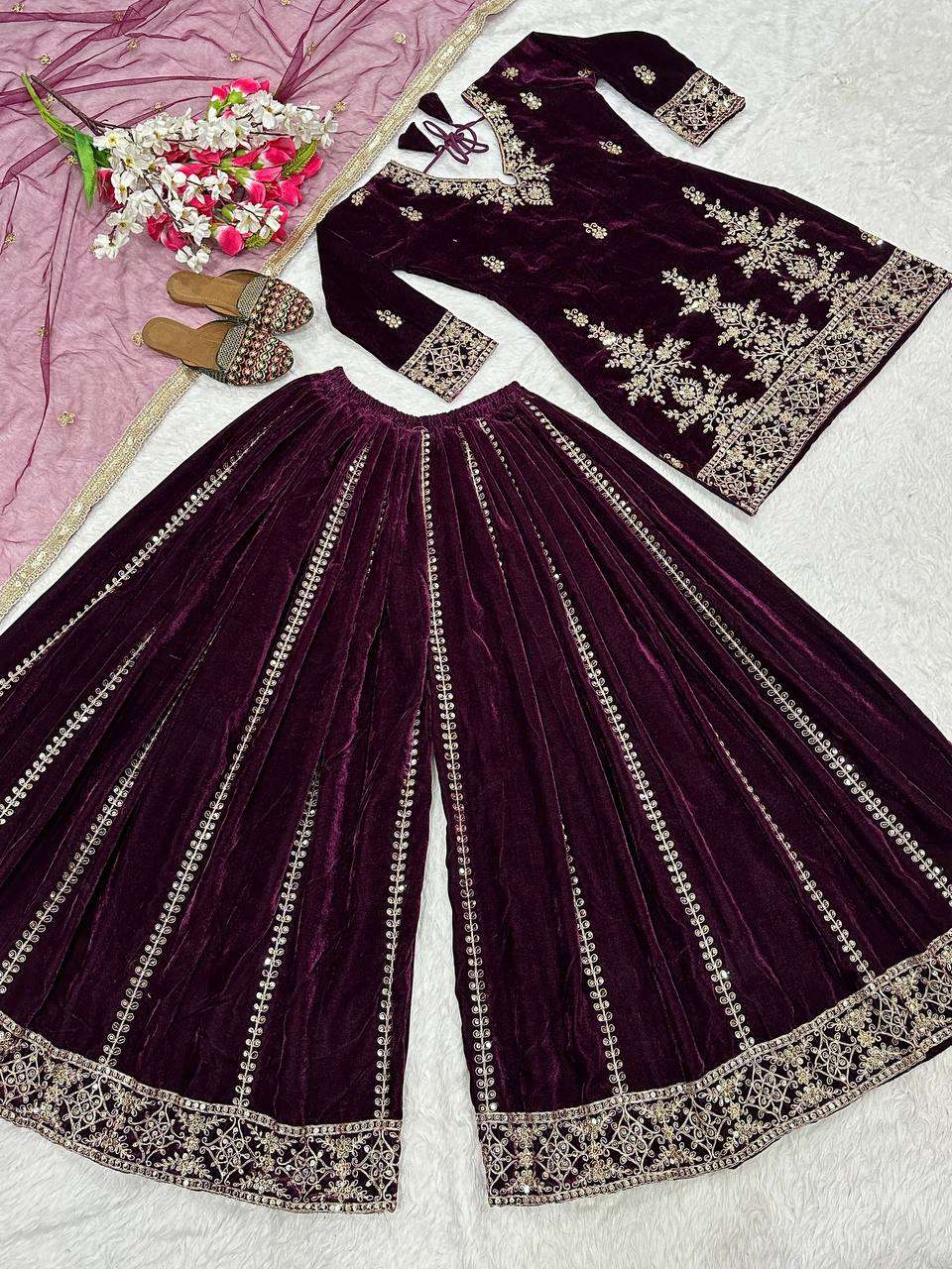 Designer Heavy Velvet Sharara Plazzo Set with Embroidery Sequence Work