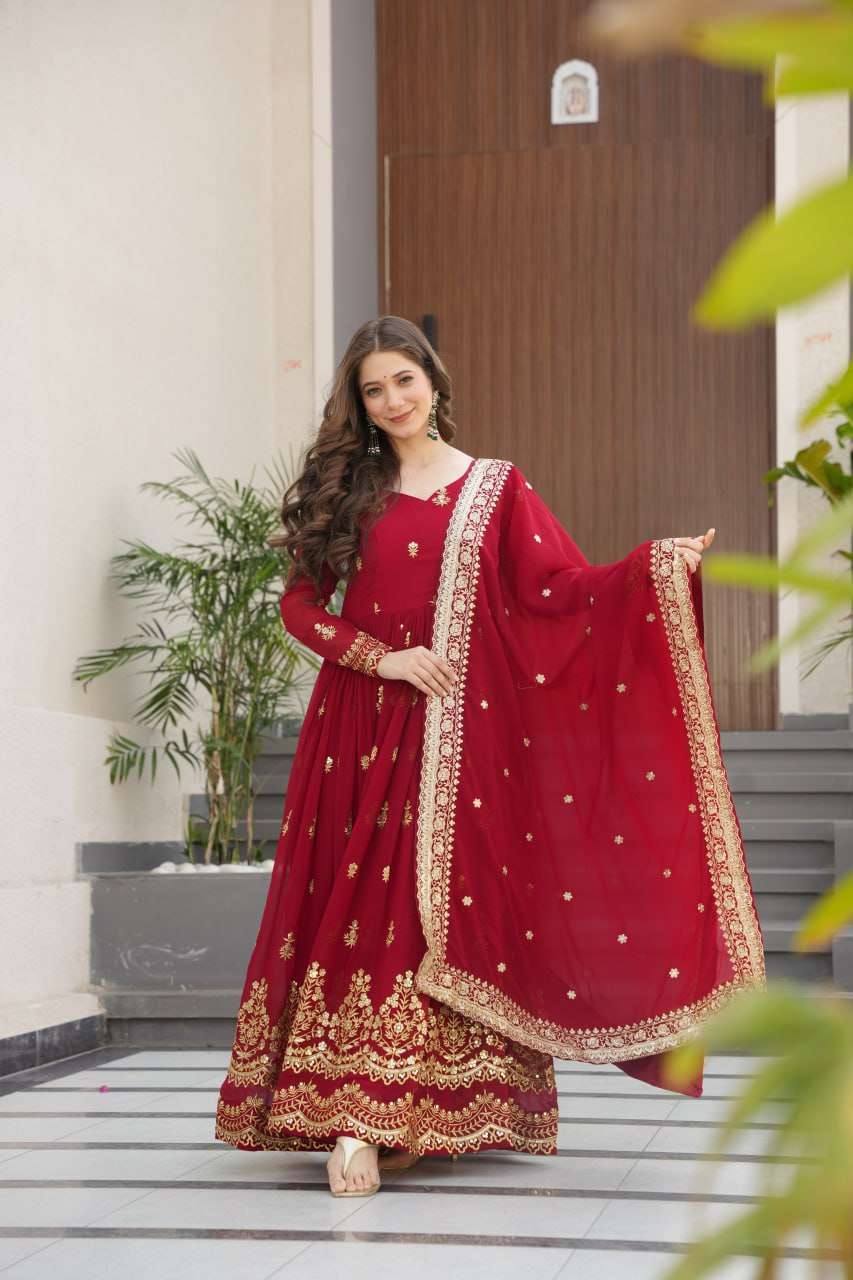 Majestic Maroon Faux Blooming Gown – Rich Zari & Sequence Embroidery with Dupatta