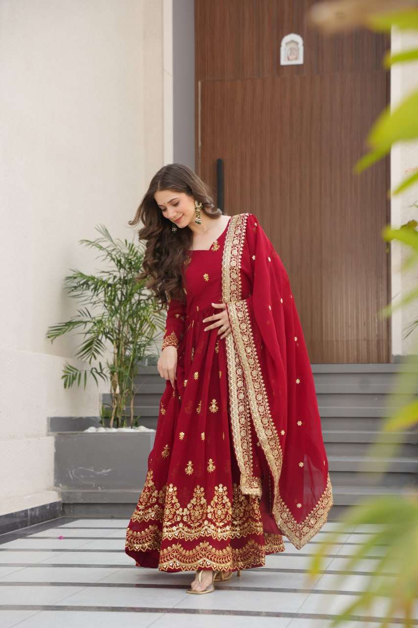 Majestic Maroon Faux Blooming Gown – Rich Zari & Sequence Embroidery with Dupatta