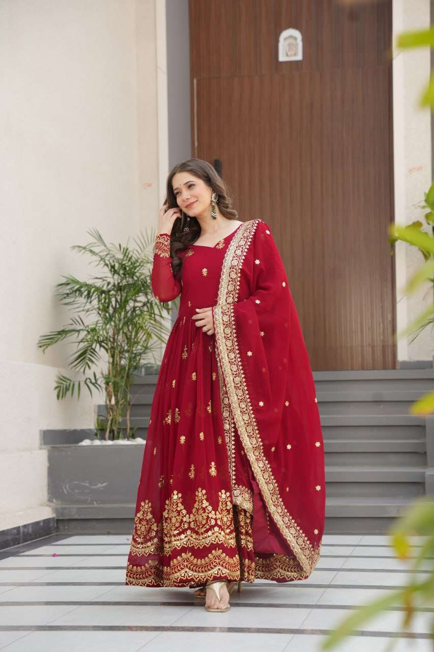 Majestic Maroon Faux Blooming Gown – Rich Zari & Sequence Embroidery with Dupatta
