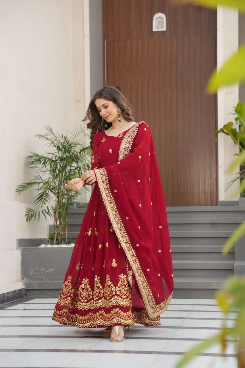 Majestic Maroon Faux Blooming Gown – Rich Zari & Sequence Embroidery with Dupatta