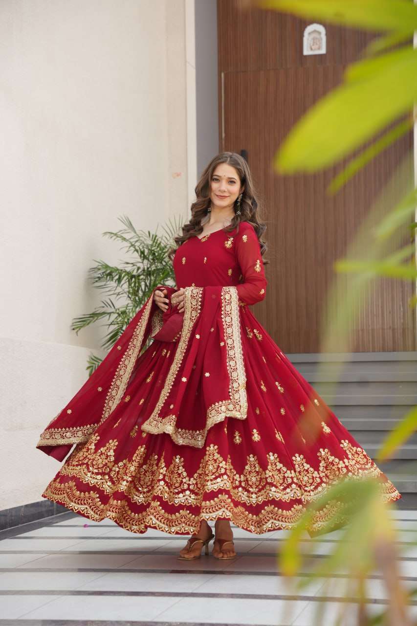 Majestic Maroon Faux Blooming Gown – Rich Zari & Sequence Embroidery with Dupatta